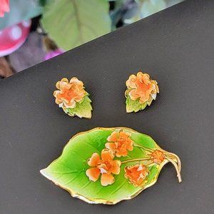 Vintage Austria Green and Orange Enamel & Rhinestone Brooch & Earring Set